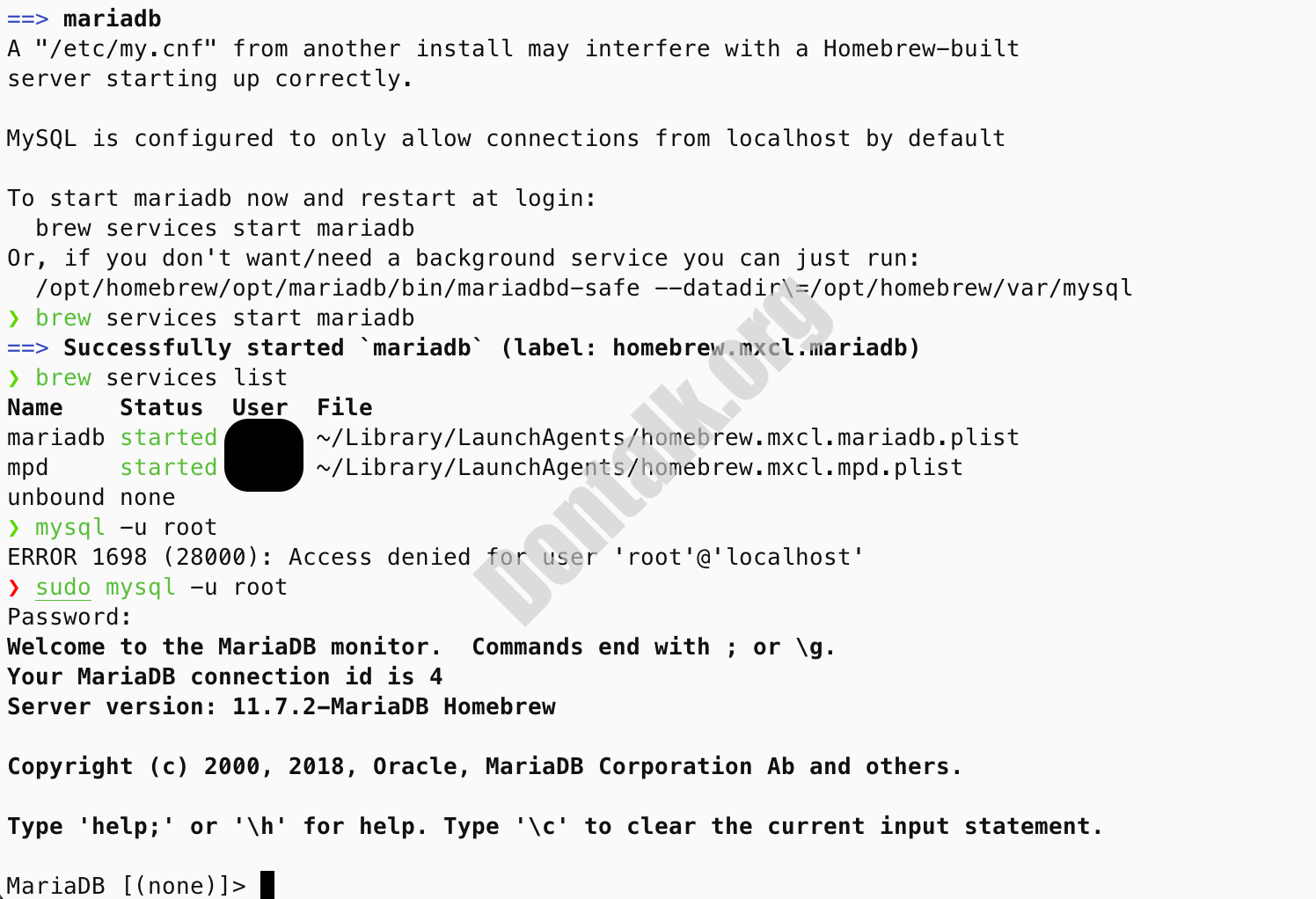 Newly installed MariaDB (MySQL) cannot log in as root